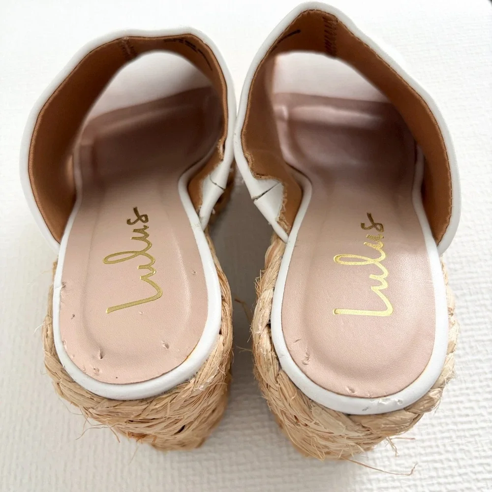 Lulus White Vegan Leather Straw Platform Block Heel Mules Sandals Size 7